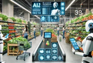 A futuristic grocery store in 2025 with AI-powered checkout, robotic stock assistants, digital price tags, and customers using mobile apps for self-checkout.
