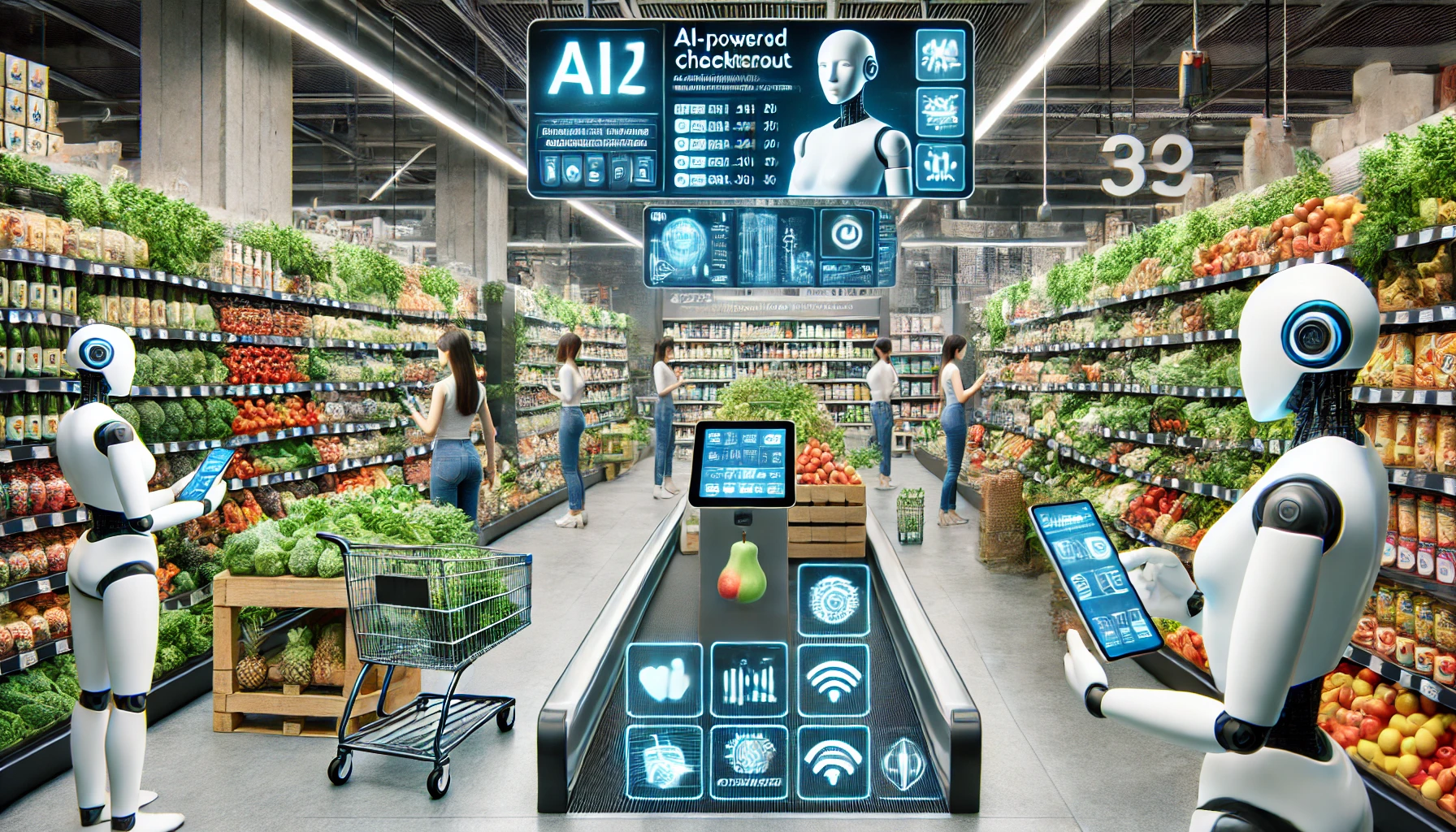 A futuristic grocery store in 2025 with AI-powered checkout, robotic stock assistants, digital price tags, and customers using mobile apps for self-checkout.