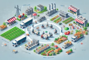 A simplified infographic depicting the foodservice industry value chain, featuring agriculture, processing, logistics, restaurants, retail, consumers, and sustainability efforts.