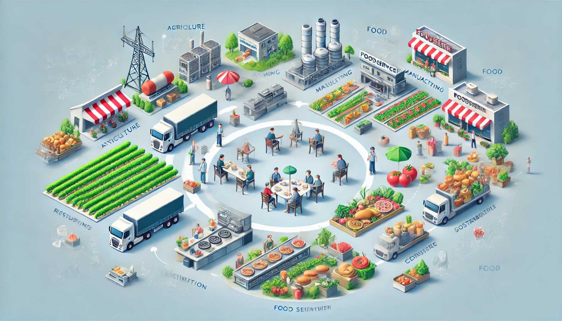 A simplified infographic depicting the foodservice industry value chain, featuring agriculture, processing, logistics, restaurants, retail, consumers, and sustainability efforts.